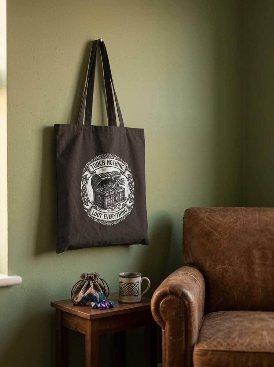Photo 4 of 7: Sturdy canvas tote bag featuring an ironic greed warning for tabletop adventurers hauling heavy rulebooks, dice trays, and campaign binders to game night, shown in a cosy den corner