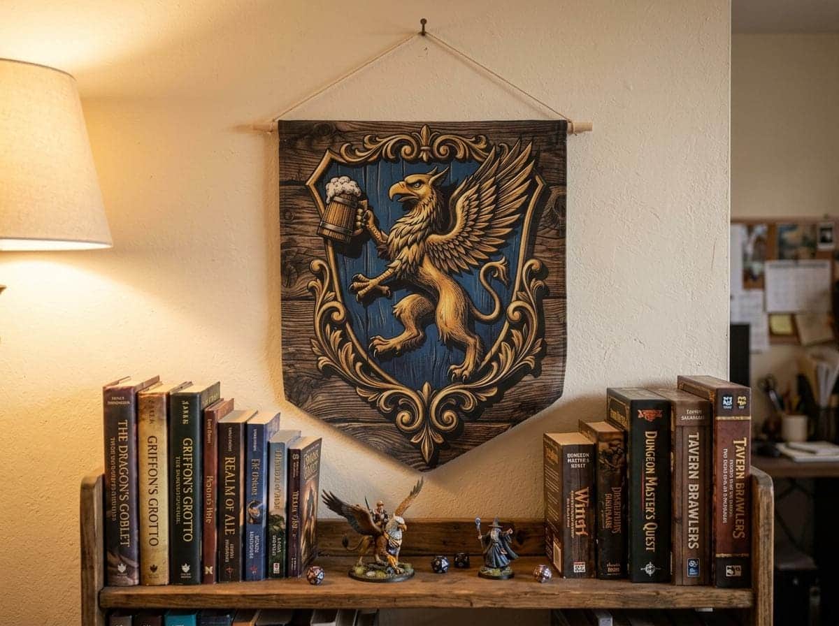 Photo 2 of 7: A vintage woodblock tavern emblem that turns a gaming room or basement into a fantasy alehouse, printed on a pennant, shown on the wall above a bookshelf