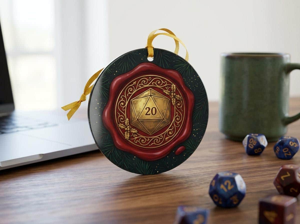 Photo 6 of 8: A round ceramic holiday ornament rendered as an ornate adventurers' guild wax seal with a gilded D20, shown on a desk