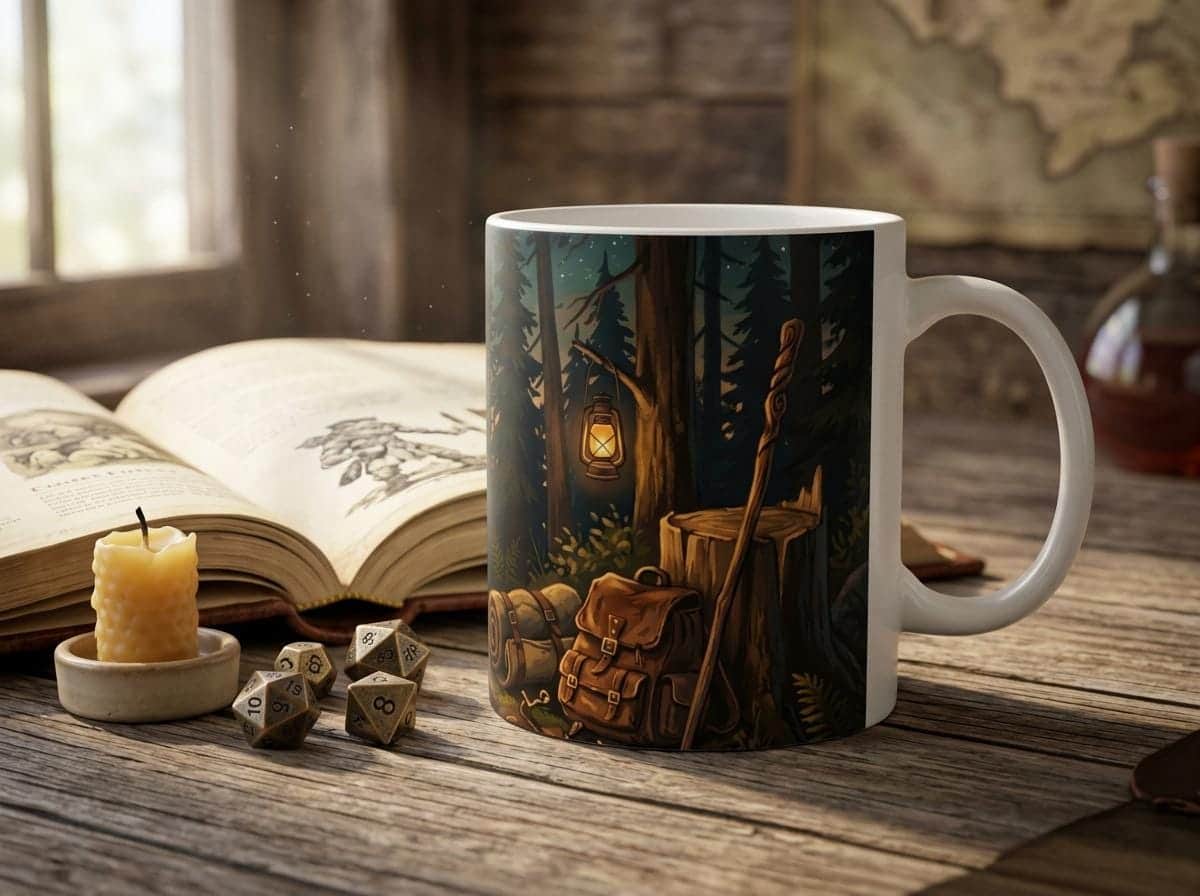 Photo 2 of 8: A cozy Long Rest themed fantasy ceramic coffee mug designed for tabletop adventurers and DMs to recharge between campaign encounters, shown on a desk beside an open rulebook