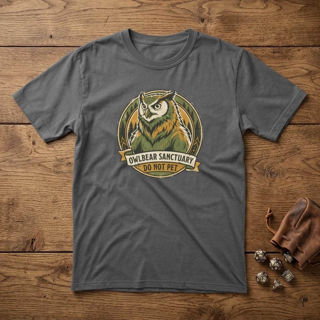 Photo 6 of 15: Vintage national park souvenir graphic tee featuring tabletop gaming's favorite deadly predator alongside a cheeky 'Do Not Pet' warning for players who insist on taming wilderness monsters, shown laid flat among dice