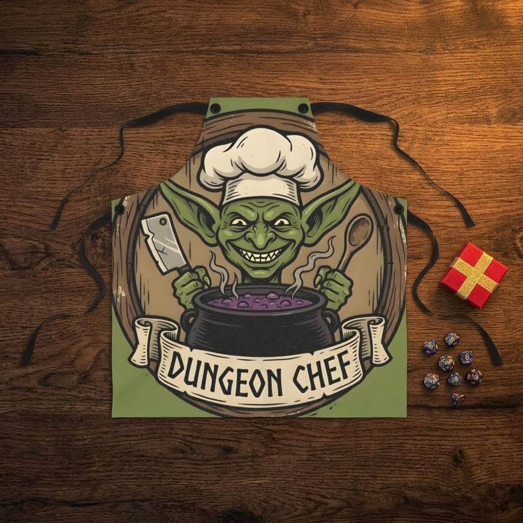 Photo 3 of 6: Humorous tabletop gaming apron for game-night snack hosts and DMs, pairing chaotic goblin tavern art with the high-demand, shown as a gift