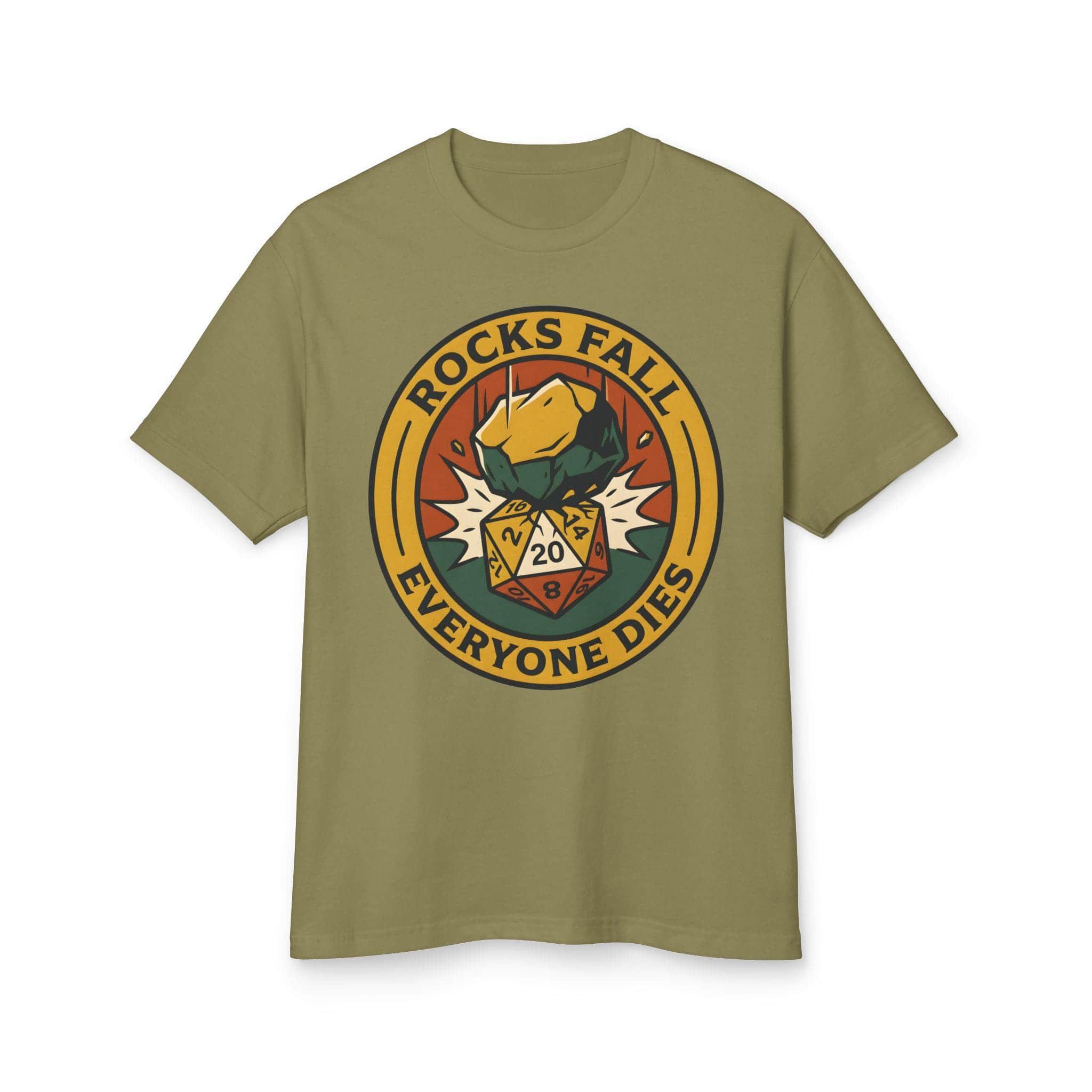 Photo 7 of 10: A deadpan tabletop in-joke graphic tee featuring a vintage national-park style emblem where a giant plummeting boulder crushes a d20 die, front view