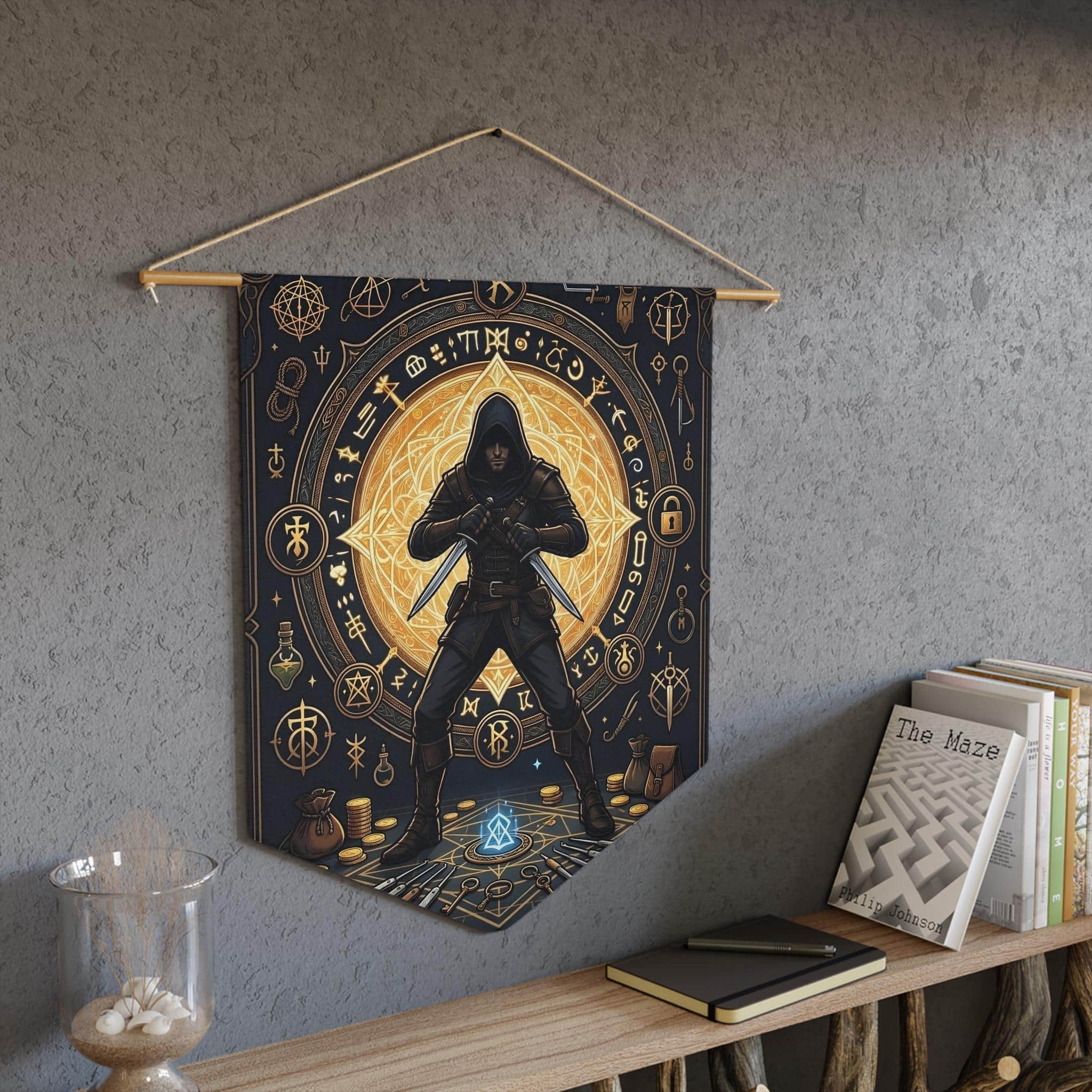 Photo 4 of 6: Cunning male human rogue illustration framed by shadowy arcane runes, twin daggers, and thieves' tools on a premium pennant, in a room setting