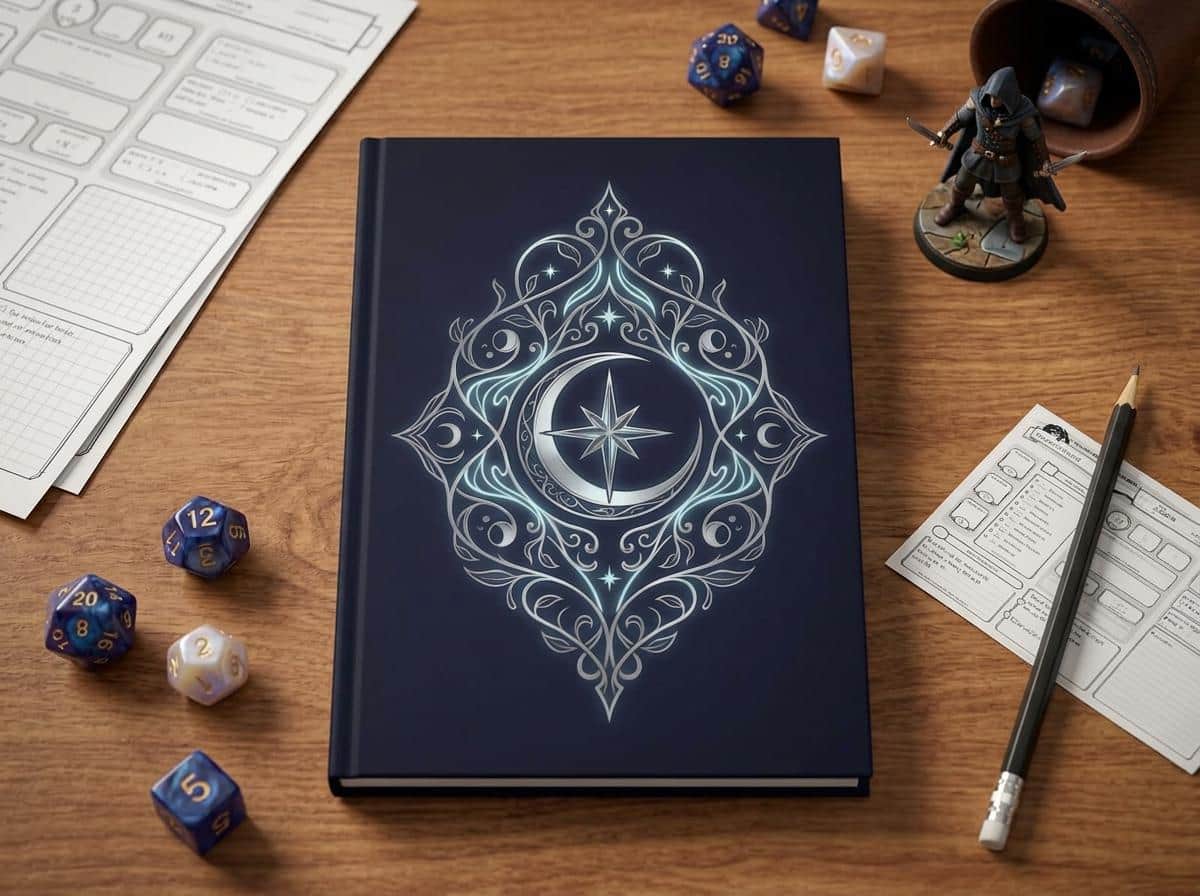 Photo 7 of 12: Hardcover campaign notebook designed as an in-world ancient elven tome cover, shown on the game table among dice and character sheets