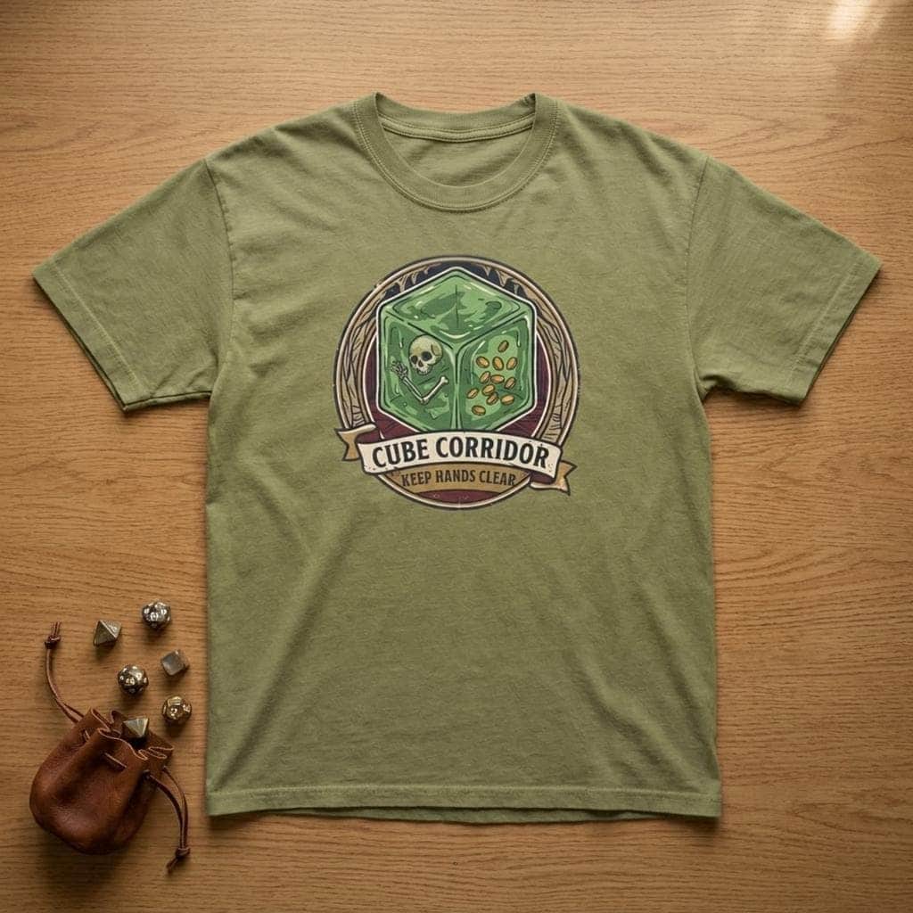 Photo 5 of 13: Vintage national park warning graphic tee featuring tabletop gaming's iconic translucent dungeon ooze alongside a deadpan caution sign for adventurers who touch strange corridor walls, shown laid flat among dice