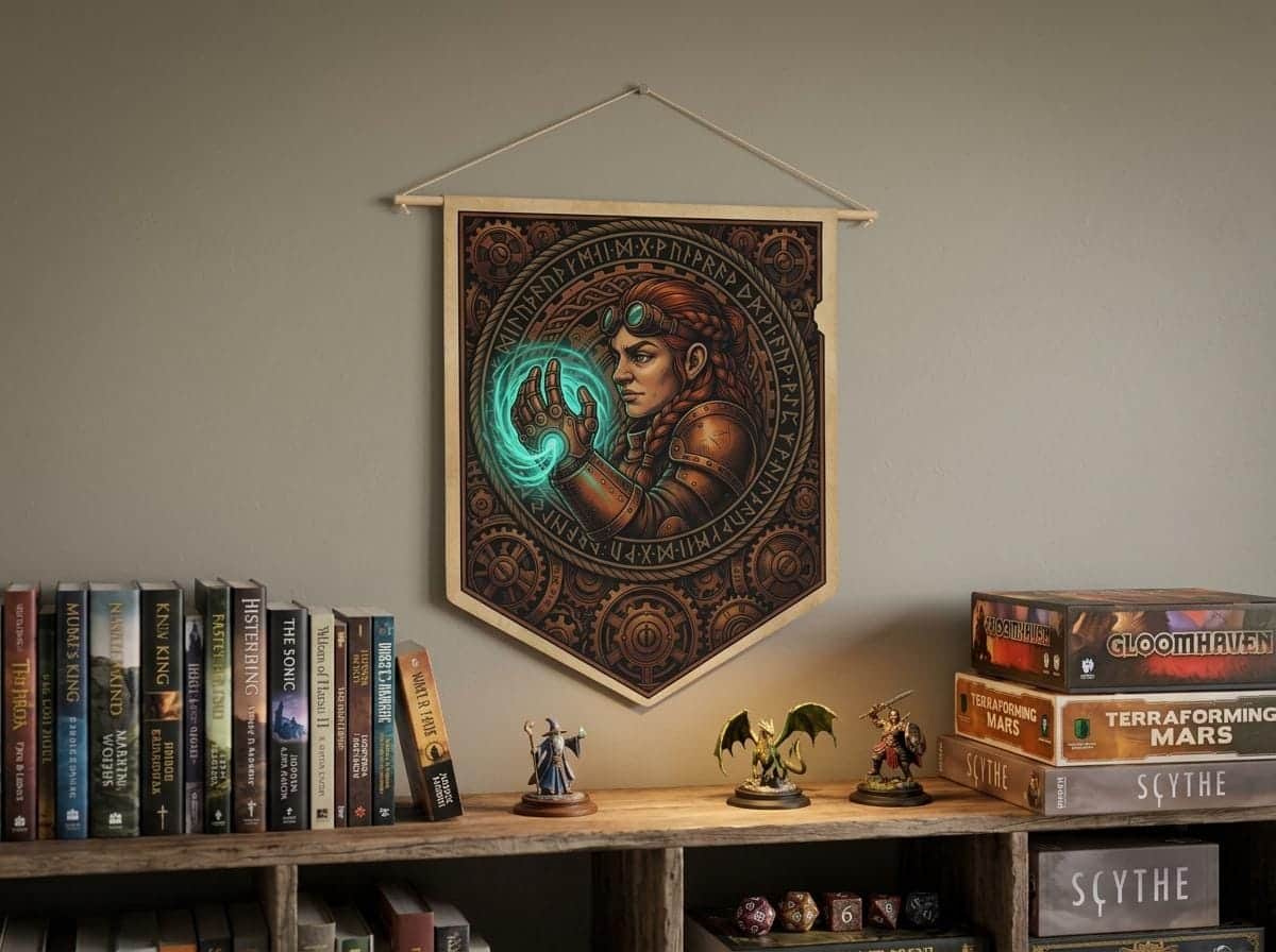 Photo 5 of 10: Vintage heraldic dwarf artificer pennant flag designed to elevate RPG campaign corners and gaming battle stations with authentic magical engineering heraldry, shown on the wall above a bookshelf