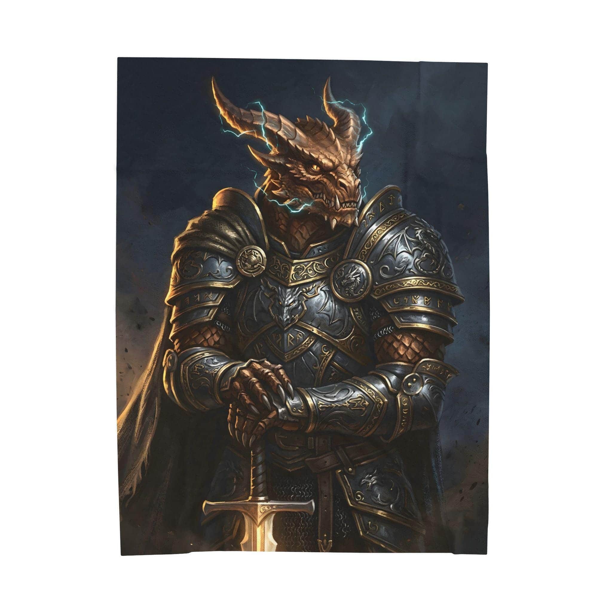 Photo 4 of 6: A plush fantasy throw blanket spotlighting a fierce bronze dragonborn paladin in etched plate armor, built to keep tabletop adventurers warm during long campaign sessions while doubling as dramatic game room wall or couch decor, front