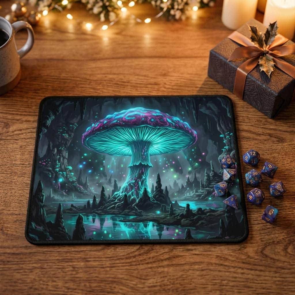 Photo 4 of 6: An extra-large gaming desk mat featuring an immersive Underdark glowing mushroom cavern, transforming PC battlestations and tabletop sessions with dark fantasy ambient atmosphere, shown as a gift