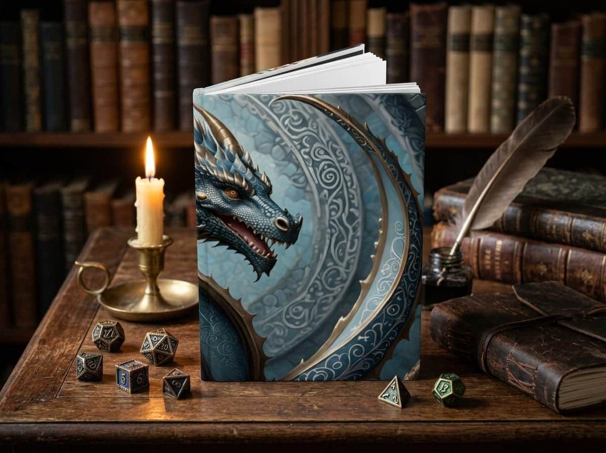Photo 5 of 8: A journal with designs inspired by tabletop roleplaying characters, extending the proven 'dnd' theme, shown on a desk beside a quill and ink