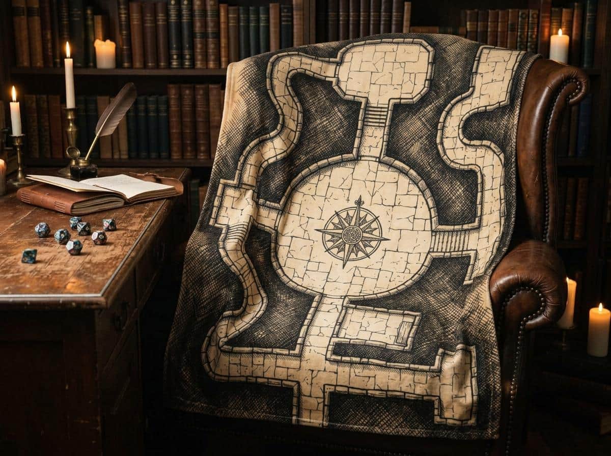 Photo 3 of 9: Ultra-soft fleece throw blanket printed edge-to-edge as a vintage hand-inked dungeon crawl floorplan with secret chambers and trap glyphs, shown draped over a study armchair