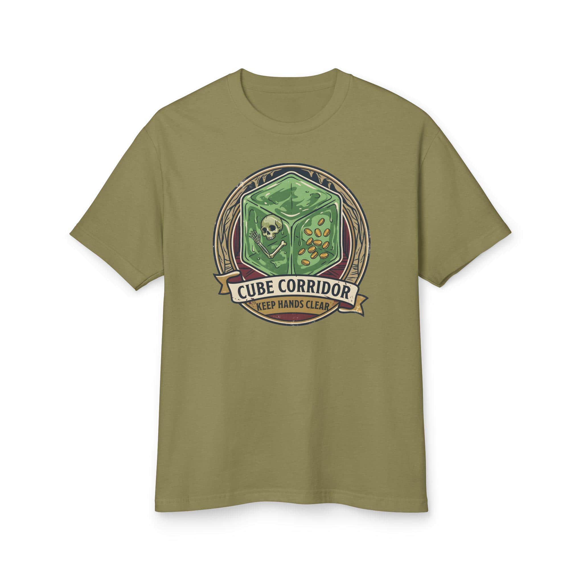 Photo 11 of 13: Vintage national park warning graphic tee featuring tabletop gaming's iconic translucent dungeon ooze alongside a deadpan caution sign for adventurers who touch strange corridor walls, front view
