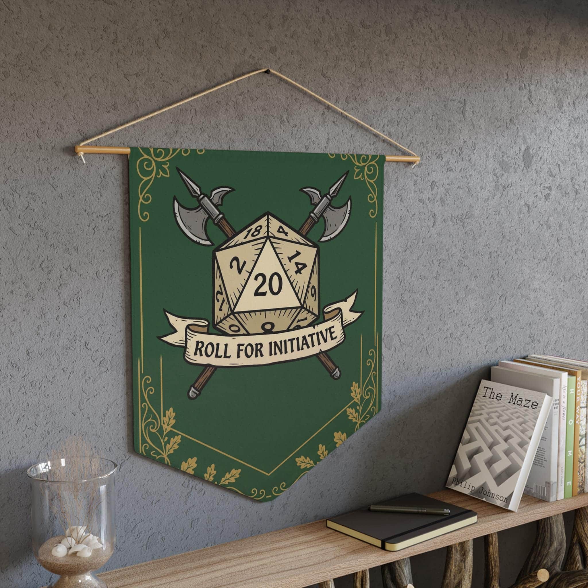 Photo 6 of 10: An authentic tavern-inspired heraldic battle cry banner designed to mark game room territory, solving the search for high-impact Dungeon Master appreciation and game night housewarming gifts, in a room setting