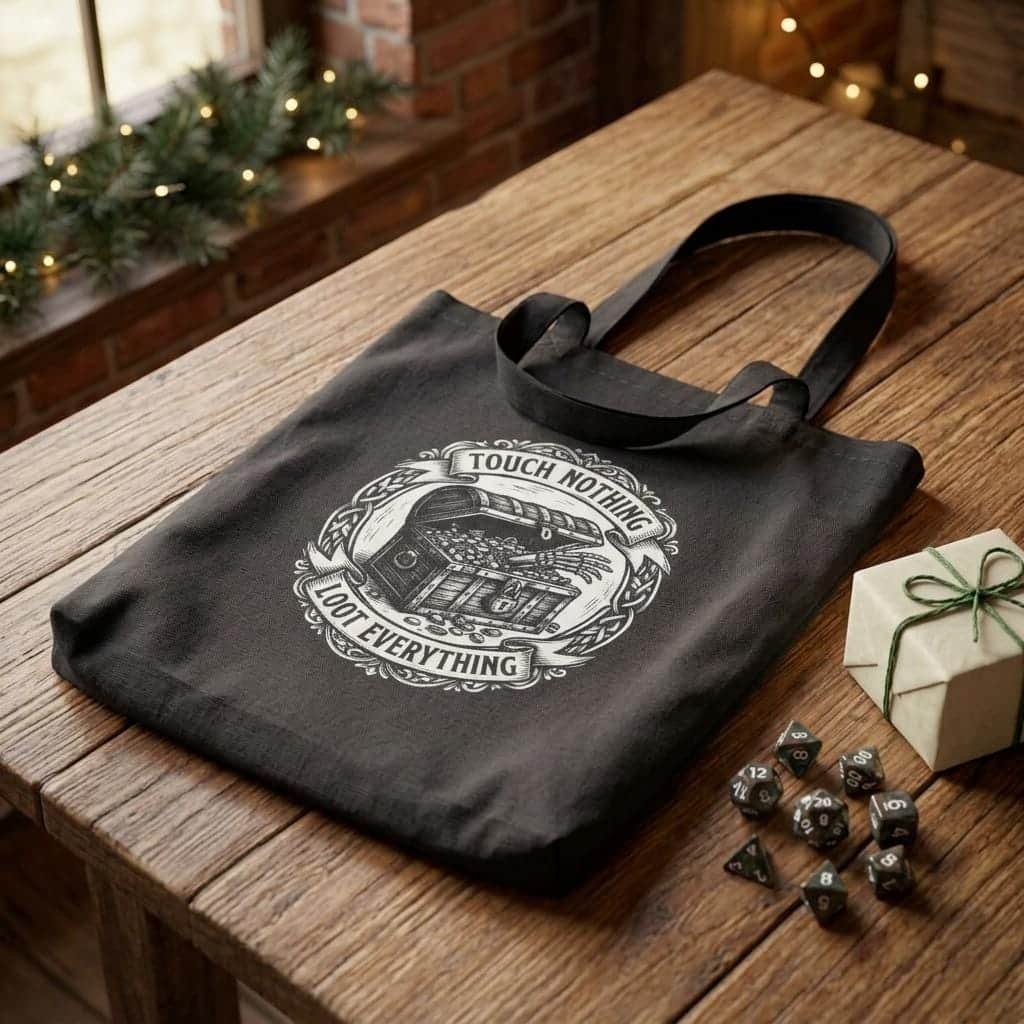 Photo 2 of 7: Sturdy canvas tote bag featuring an ironic greed warning for tabletop adventurers hauling heavy rulebooks, dice trays, and campaign binders to game night, shown as a gift