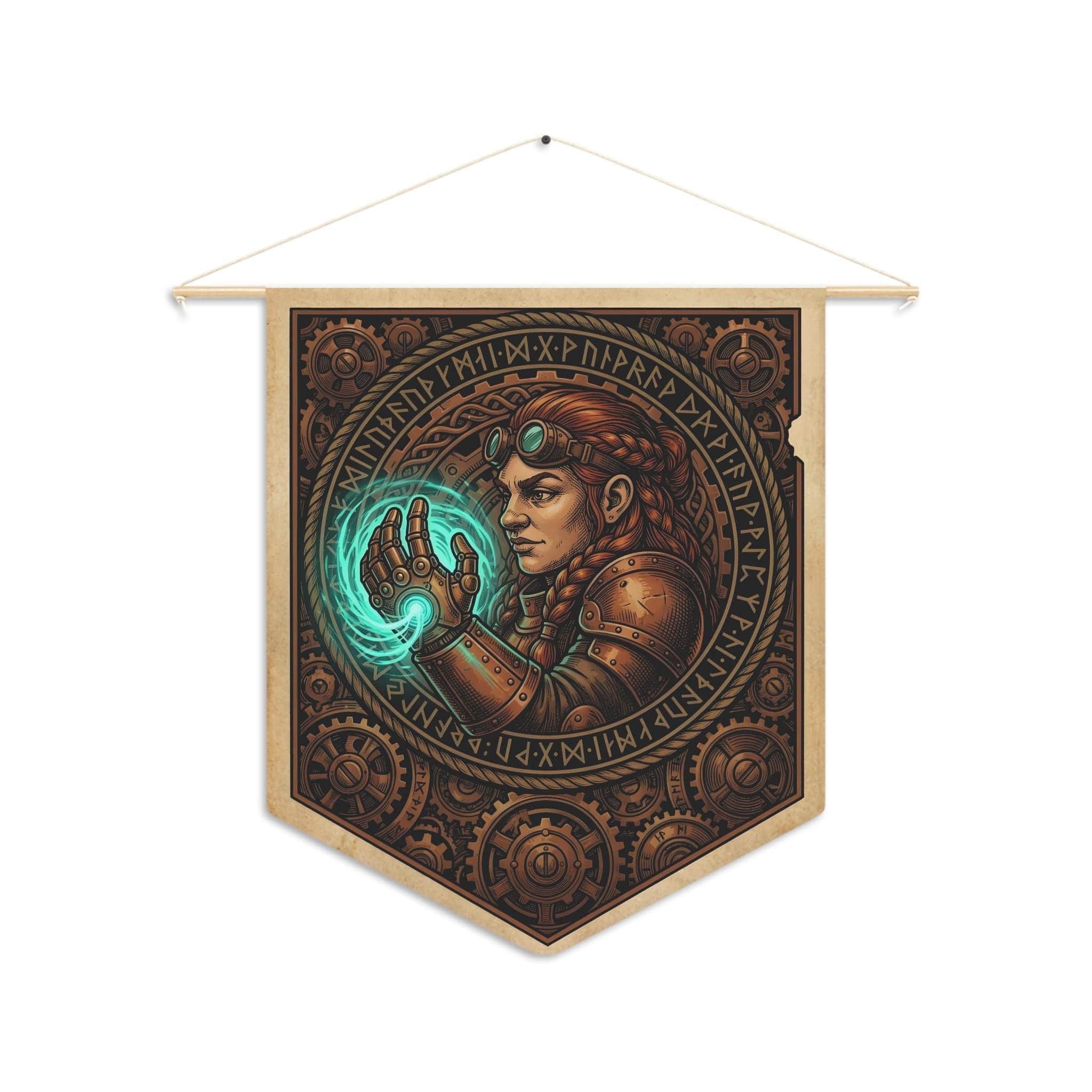 Photo 9 of 10: Vintage heraldic dwarf artificer pennant flag designed to elevate RPG campaign corners and gaming battle stations with authentic magical engineering heraldry, front view