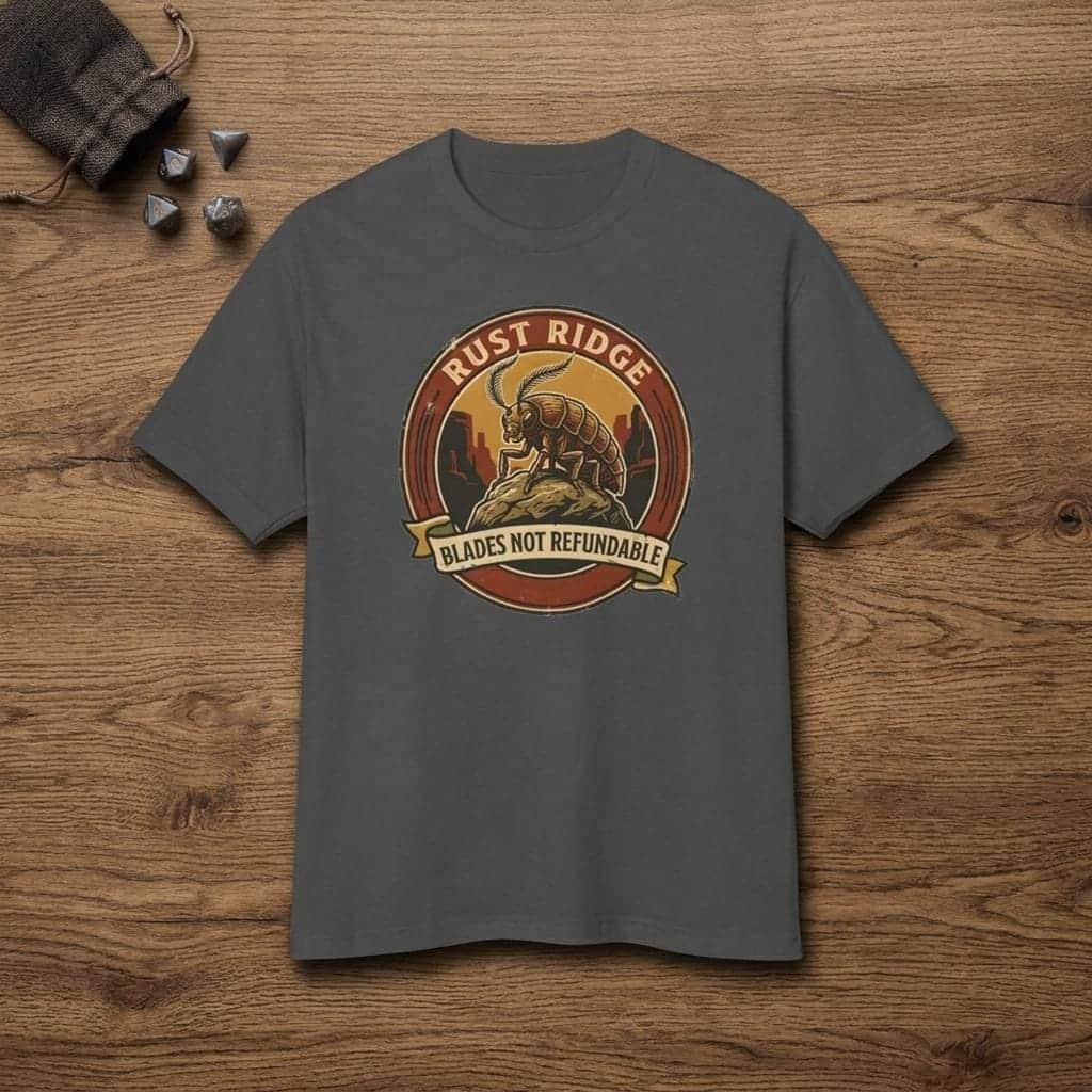 Photo 3 of 12: Vintage national park souvenir graphic tee featuring tabletop gaming's notorious metal-eating armored insectoid paired with a deadpan park ranger weapon warning for dungeon crawlers and roleplaying gamers, shown laid flat among dice