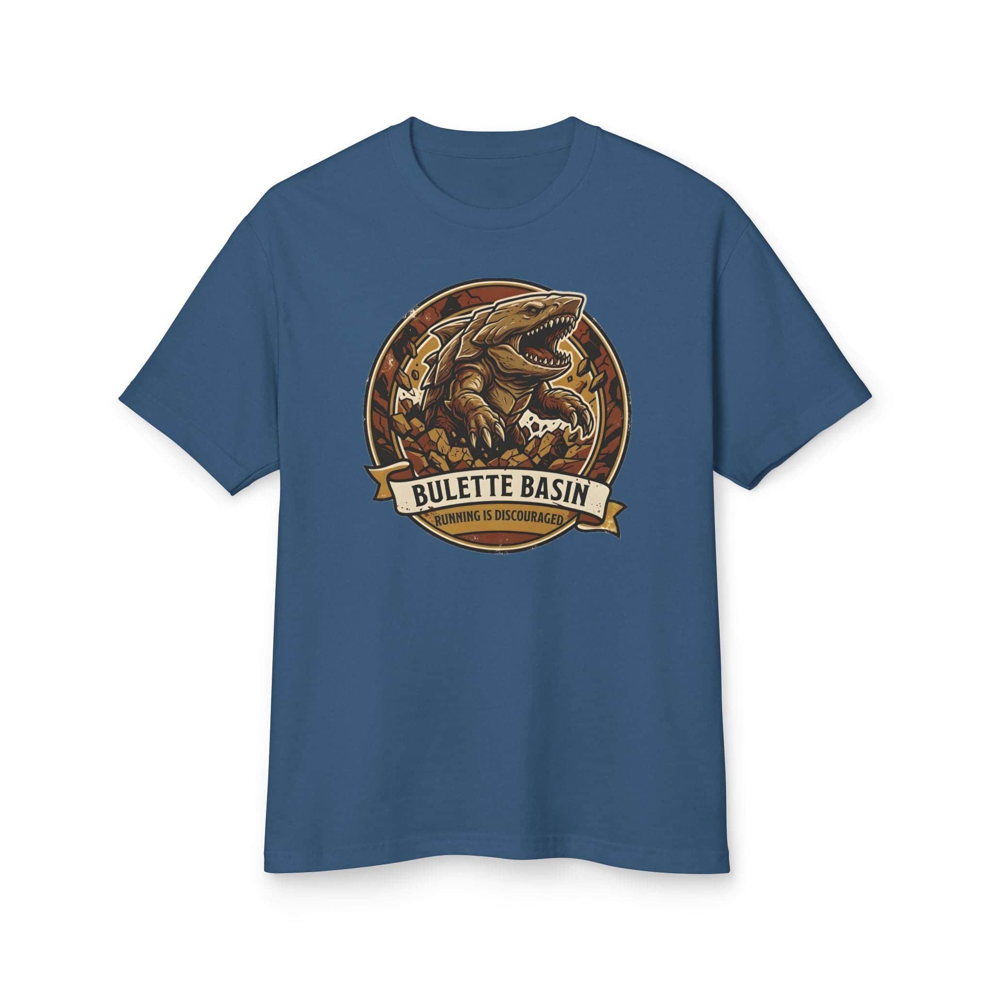 Photo 14 of 15: Vintage national park souvenir graphic tee featuring tabletop gaming's armored landshark burrower, paired with deadpan trail advice warning adventurers that running only draws its tremorsense, front view