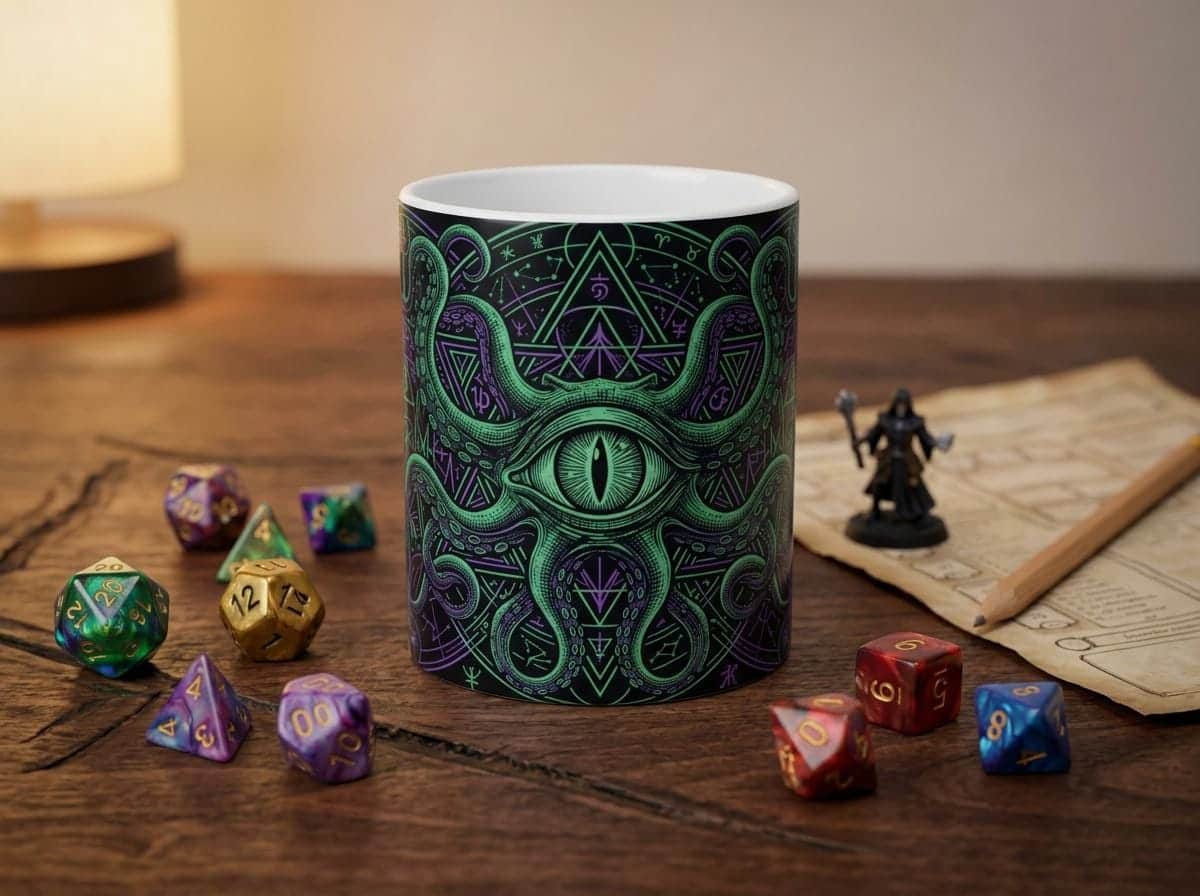 Photo 9 of 12: An atmospheric ceramic gaming mug emblazoned with an eldritch Great Old One patron crest, targeted at warlock players and dungeon masters fueling late-night campaign sessions, shown on the game table among dice and character sheets