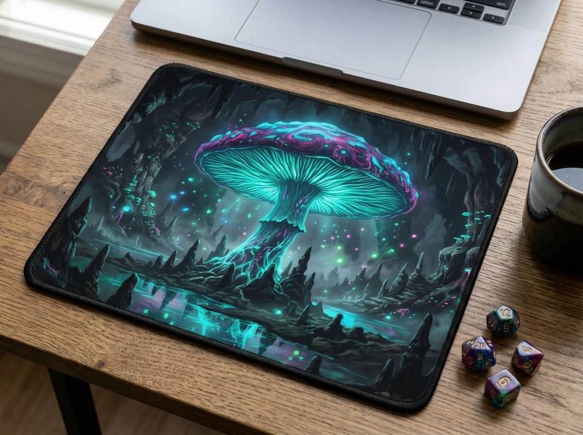 Photo 5 of 6: An extra-large gaming desk mat featuring an immersive Underdark glowing mushroom cavern, transforming PC battlestations and tabletop sessions with dark fantasy ambient atmosphere, shown on a desk