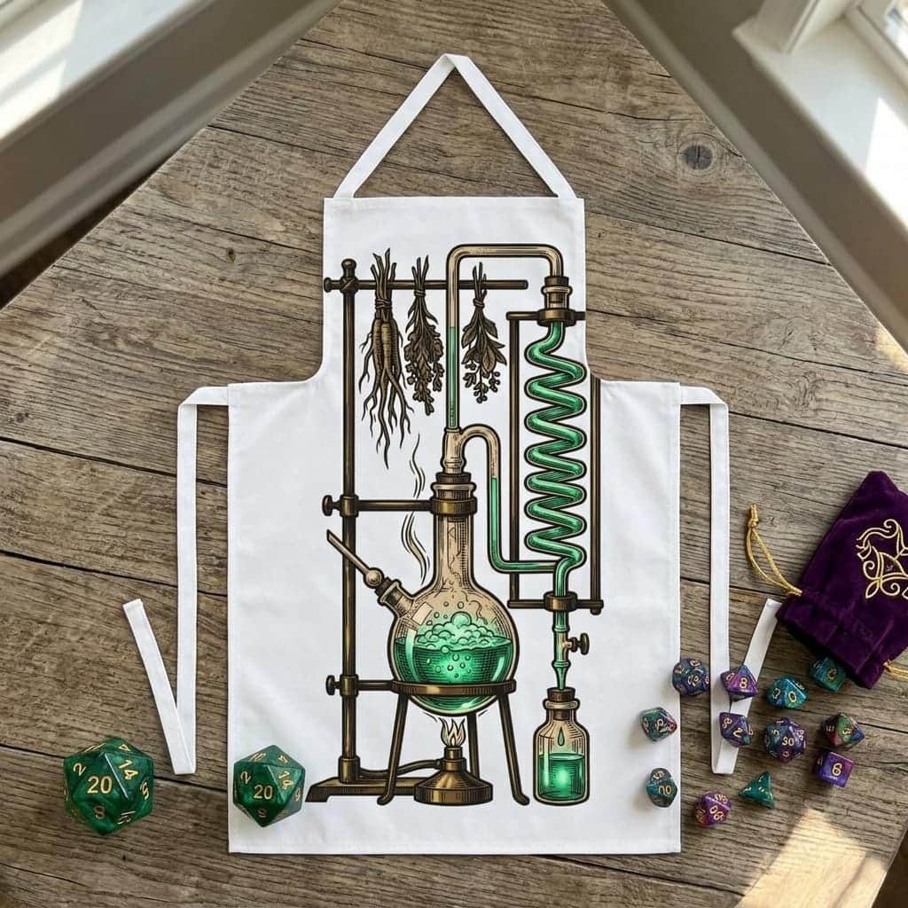 Photo 2 of 4: A witty, atmospheric cooking apron styled as an arcane apothecary station, shown laid flat among dice