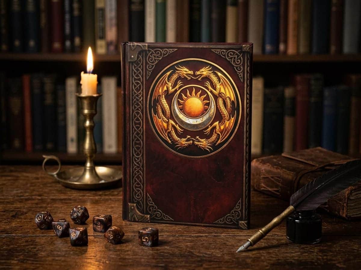 Photo 4 of 12: Hardcover ruled fantasy campaign journal designed as an ancient pact tome, shown on a desk beside a quill and ink