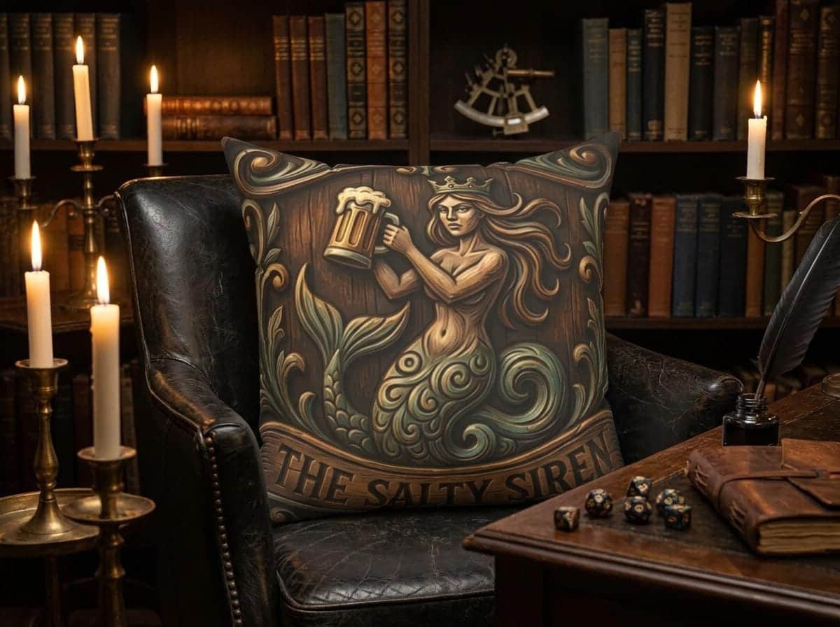 Photo 2 of 4: An immersive throw pillow designed as an authentic carved tavern plank, transforming couches and gaming chairs into a cozy tabletop fantasy inn, shown draped over a study armchair