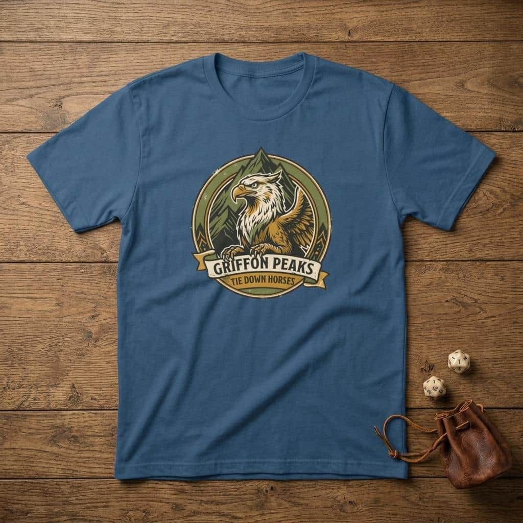 Photo 7 of 15: Vintage national park parody tee featuring a noble mountain griffon alongside a deadpan ranger warning for traveling adventurers to keep their prized mounts secured, shown laid flat among dice