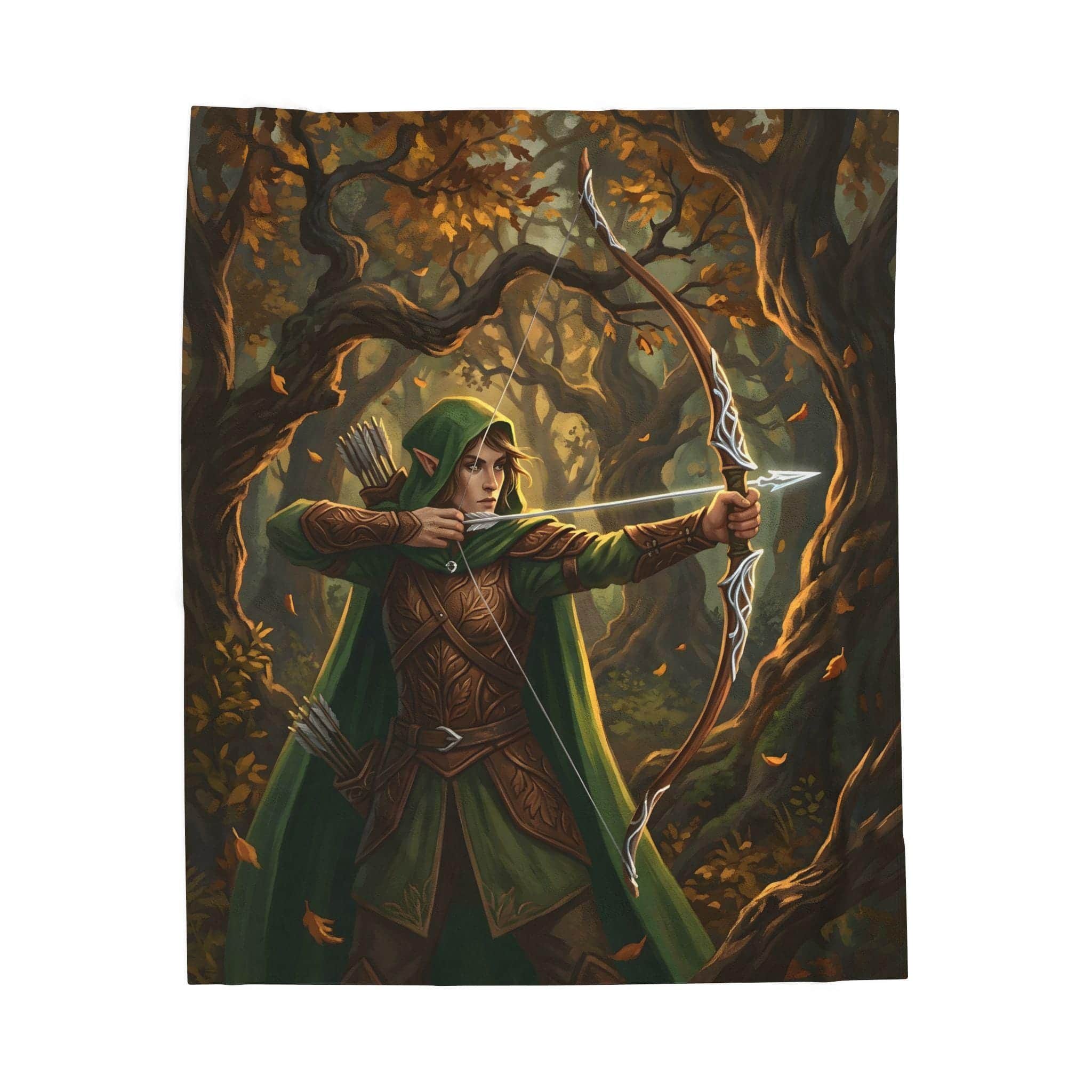 Photo 4 of 6: Cozy up during late-night gaming sessions with a plush sherpa-lined fleece throw blanket featuring a wood elf ranger nocking an arrow in an ancient autumnal woodland, front view