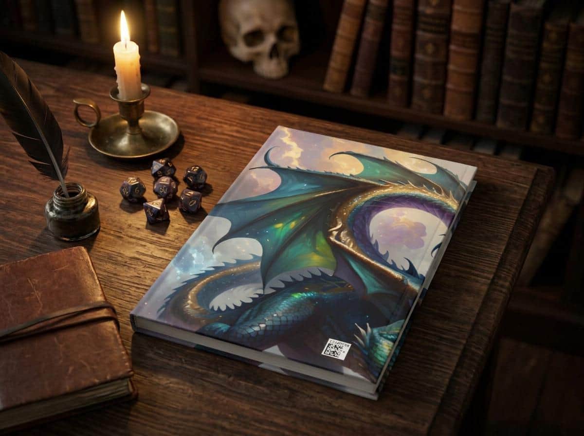 Photo 3 of 8: Perfect gift for the tabletop roleplaying enthusiast in your life, this unique canvas print combines fantasy and magic elements to create an immersive experience, printed on a journal, shown on a desk beside a quill and ink