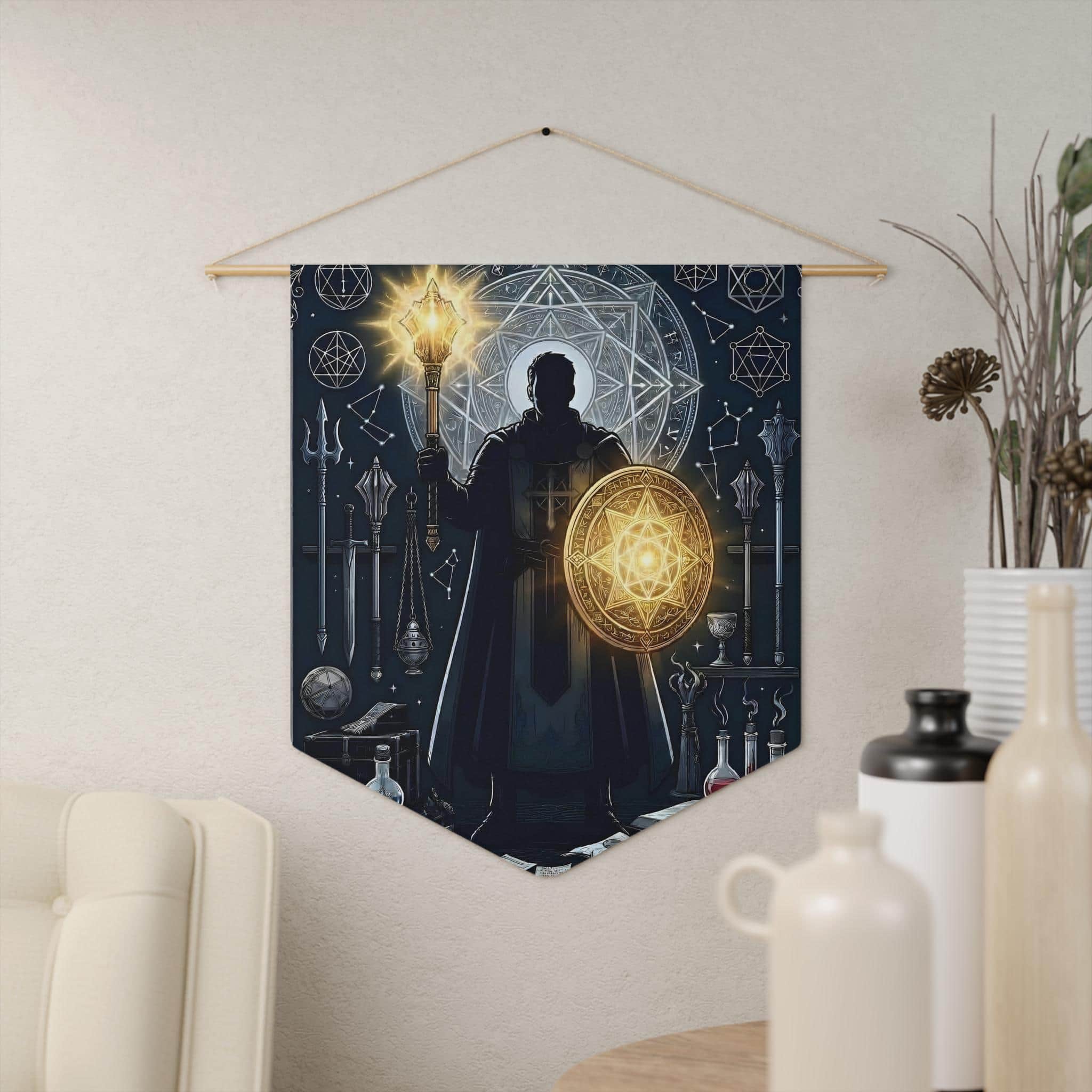 Photo 5 of 6: Radiant male human cleric illustration framed by a glowing divine mandala and holy relics, printed on a pennant, in a room setting