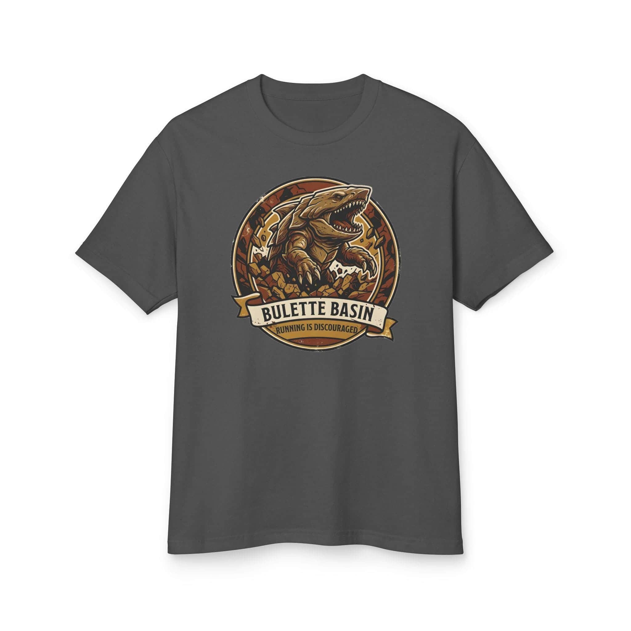 Photo 15 of 15: Vintage national park souvenir graphic tee featuring tabletop gaming's armored landshark burrower, paired with deadpan trail advice warning adventurers that running only draws its tremorsense, front view