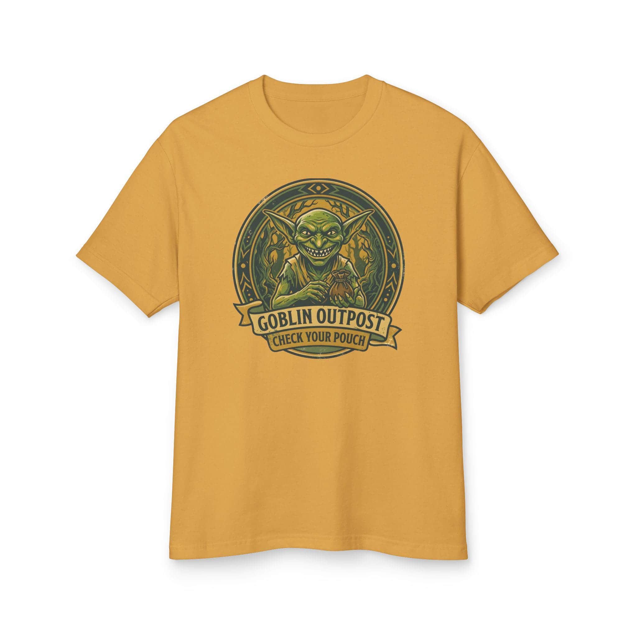 Photo 12 of 14: Deadpan national park style graphic tee warning tabletop adventurers to guard their coin pouches from grinning goblin scavengers, front view