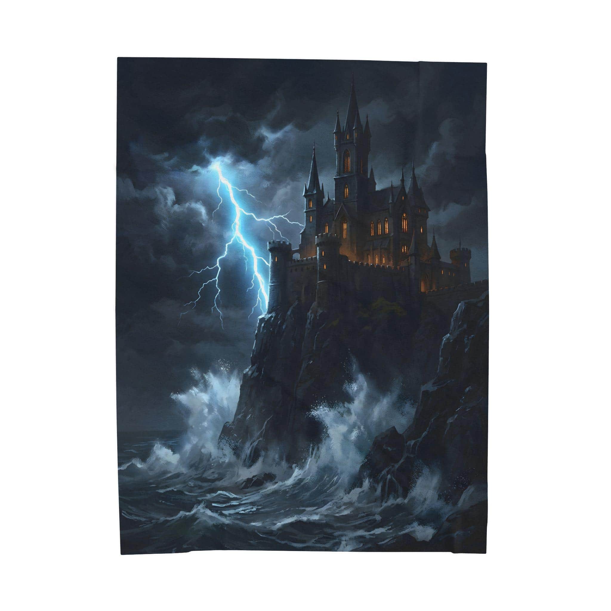 Photo 4 of 6: A rugged clifftop fortress defying ocean squalls and lightning, printed edge-to-edge on a plush sherpa throw blanket designed to keep players cozy during marathon tabletop campaign nights, front view
