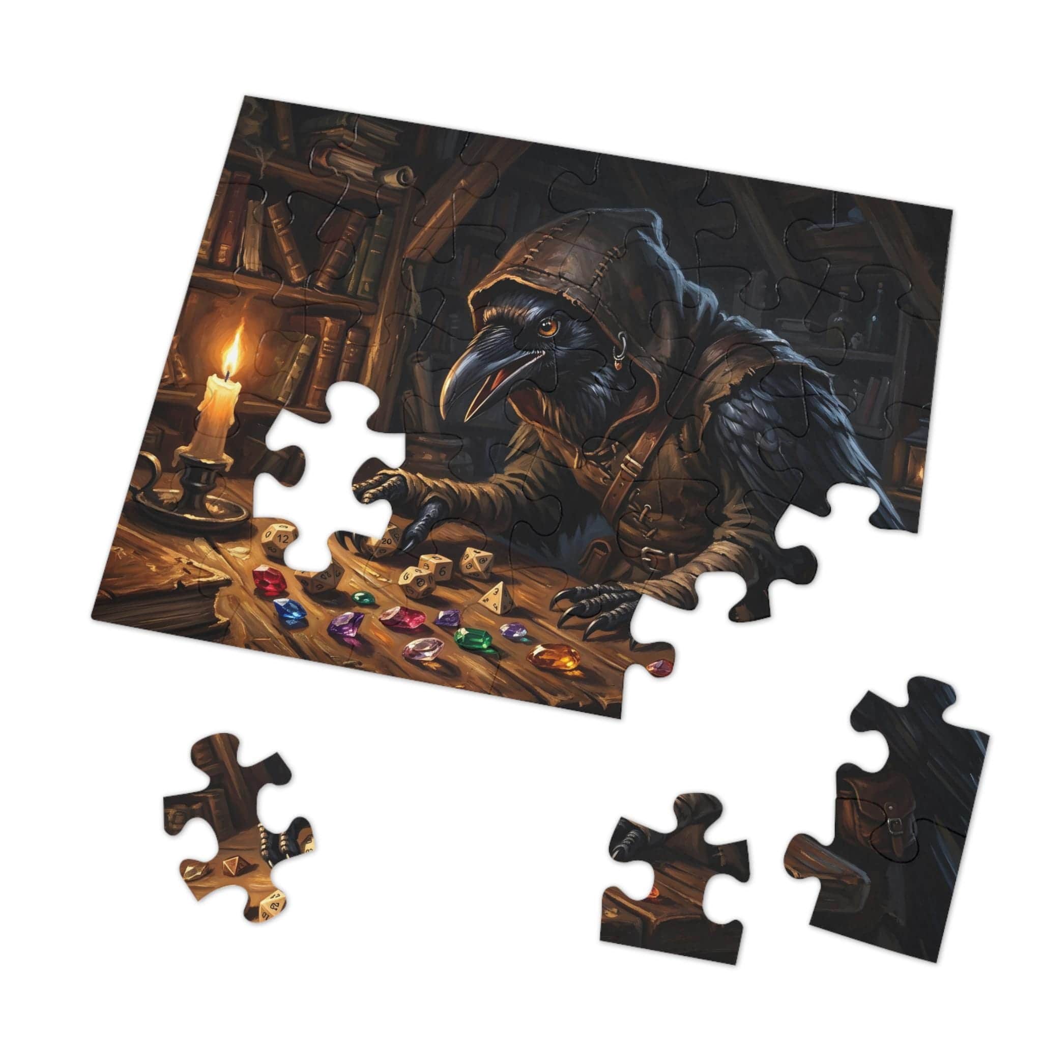 Photo 7 of 10: A richly rendered fantasy jigsaw puzzle showcasing an inquisitive raven-folk rogue sorting through a glittering hoard of polyhedral dice and stolen gems, in a room setting
