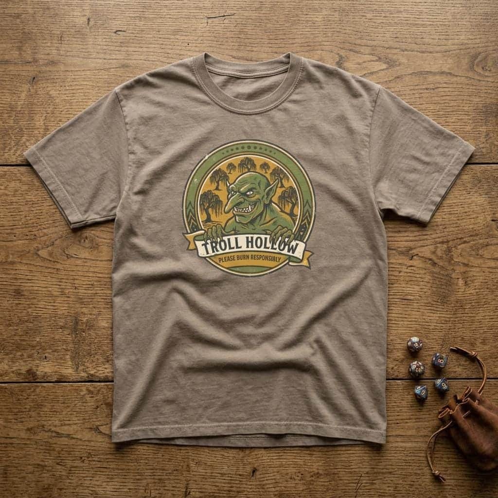 Photo 6 of 15: Vintage national park parody tee featuring a gangly swamp troll alongside a deadpan 'Please Burn Responsibly' fire warning for tabletop adventurers exploring monster-infested wetlands, shown laid flat among dice