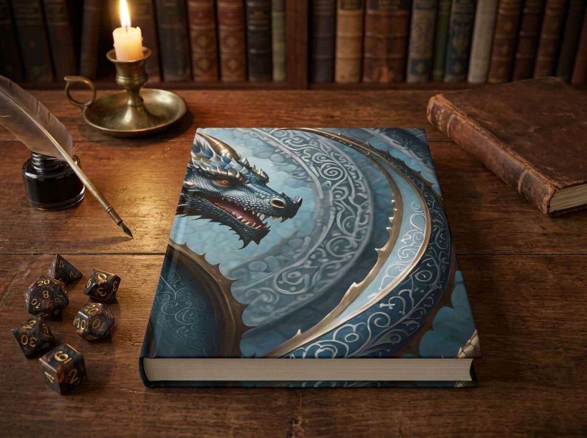 Photo 2 of 8: A journal with designs inspired by tabletop roleplaying characters, extending the proven 'dnd' theme, shown on a desk beside a quill and ink