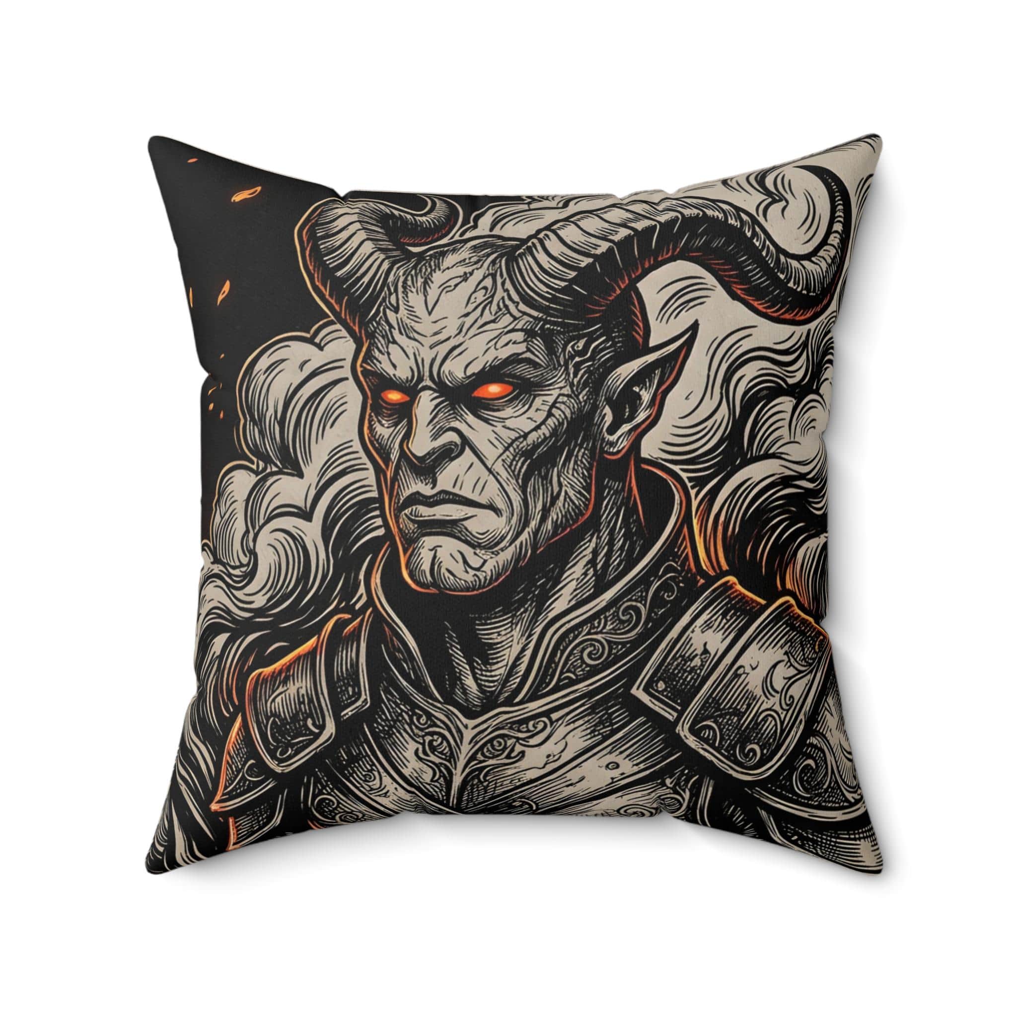 Photo 4 of 4: Moody square accent pillow featuring an infernal horned tiefling surrounded by glowing ember filigree, front view