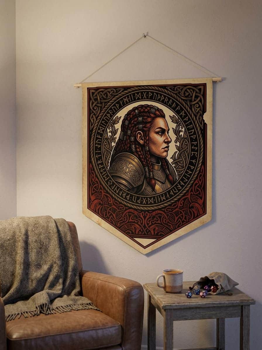 Photo 4 of 8: Vintage heraldic female dwarf warrior pennant flag designed to elevate RPG campaign corners and gaming battle stations with authentic medieval heraldry, shown in a cosy den corner