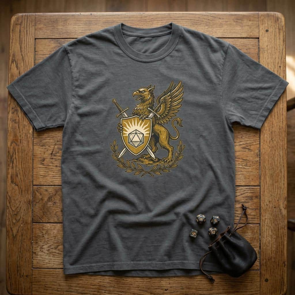 Photo 6 of 8: A bold vintage heraldic tournament crest celebrating the holy warrior archetype, printed on a t-shirt, shown laid flat among dice
