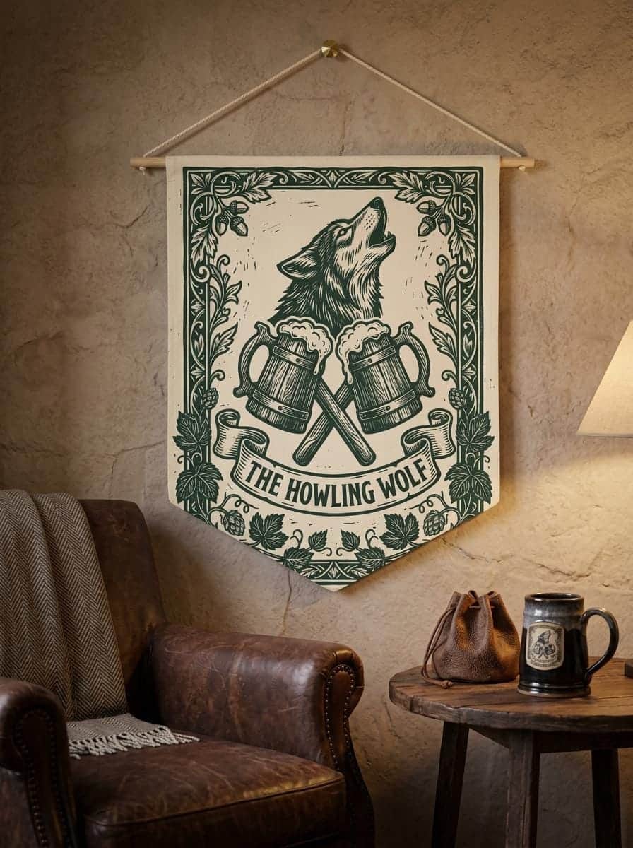 Photo 2 of 5: Vintage woodcut tavern hanging pennant that transforms a modern game room, tabletop corner, or bedroom into an authentic fantasy alehouse for D&D session nights, shown in a cosy den corner