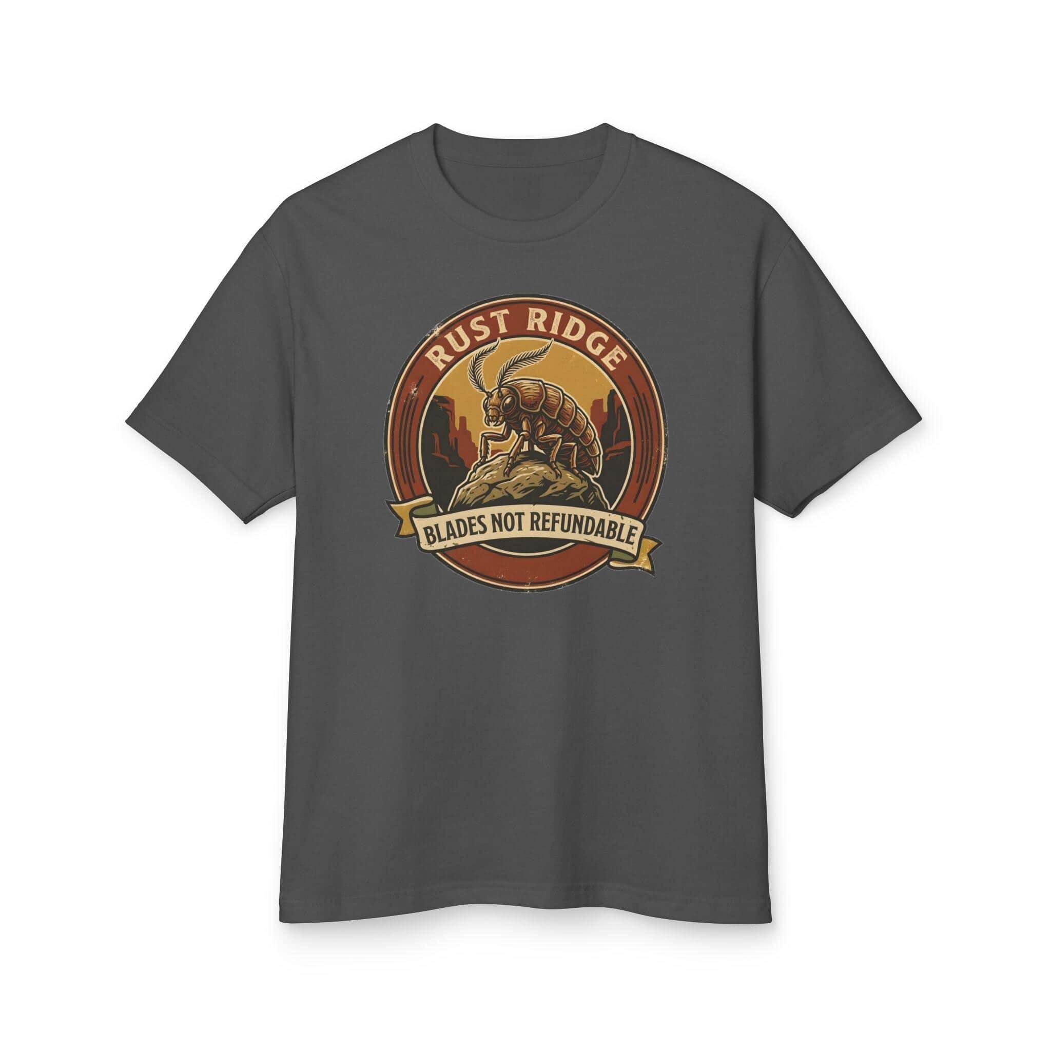 Photo 12 of 12: Vintage national park souvenir graphic tee featuring tabletop gaming's notorious metal-eating armored insectoid paired with a deadpan park ranger weapon warning for dungeon crawlers and roleplaying gamers, front view
