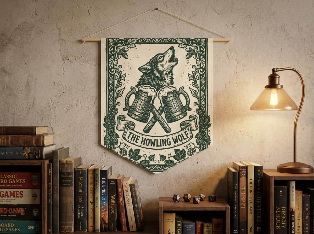 Photo 3 of 5: Vintage woodcut tavern hanging pennant that transforms a modern game room, tabletop corner, or bedroom into an authentic fantasy alehouse for D&D session nights, shown on the wall above a bookshelf