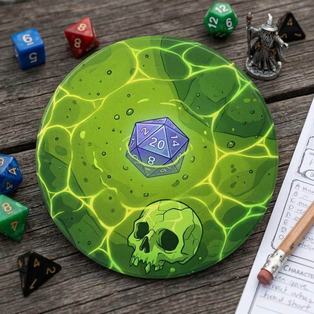 Photo 2 of 11: A square high-gloss drink coaster designed to look like a direct top-down view into a translucent acidic gelatinous cube trapping sunken dice and adventurer bones, serving as a witty spill hazard for campaign nights, shown on the
