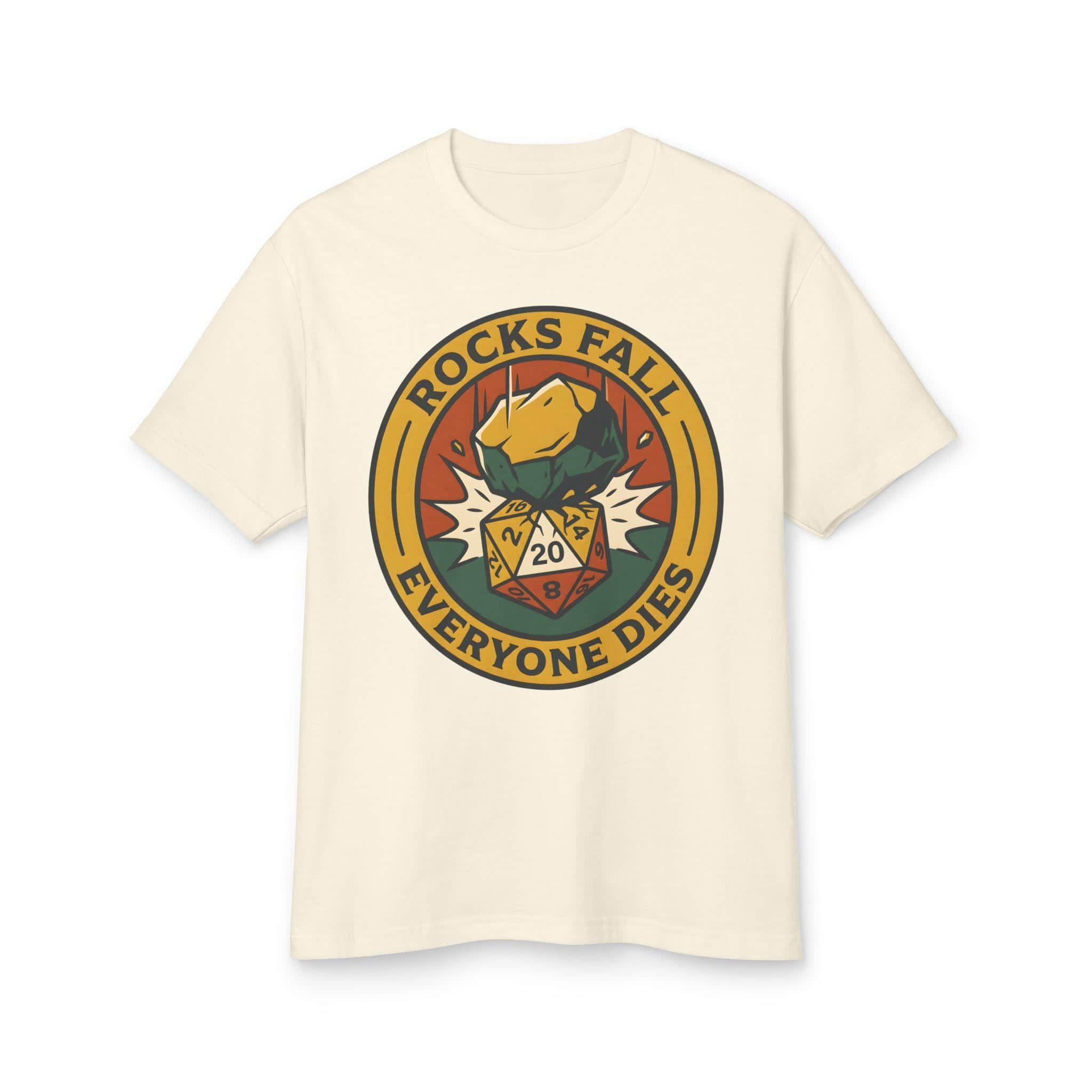 Photo 4 of 10: A deadpan tabletop in-joke graphic tee featuring a vintage national-park style emblem where a giant plummeting boulder crushes a d20 die, front view