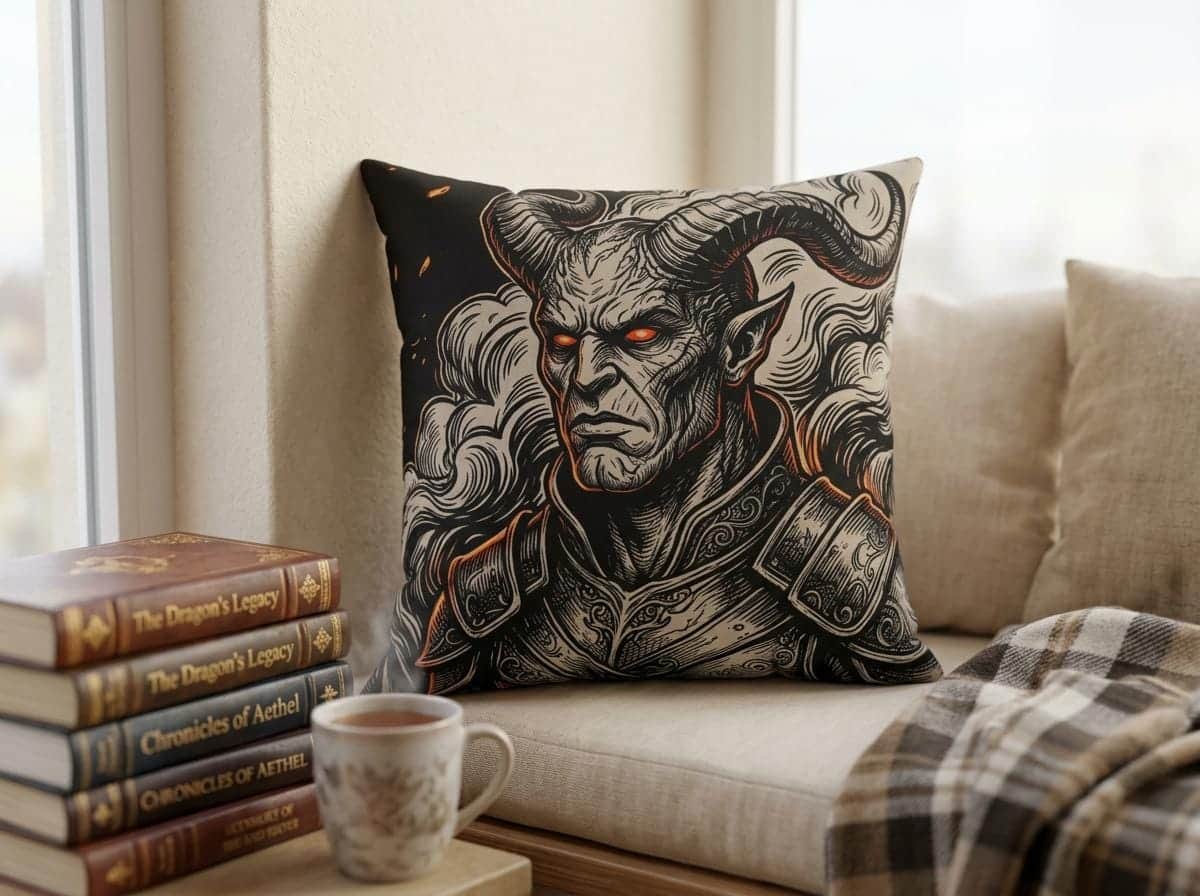 Photo 3 of 4: Moody square accent pillow featuring an infernal horned tiefling surrounded by glowing ember filigree, shown in a reading nook