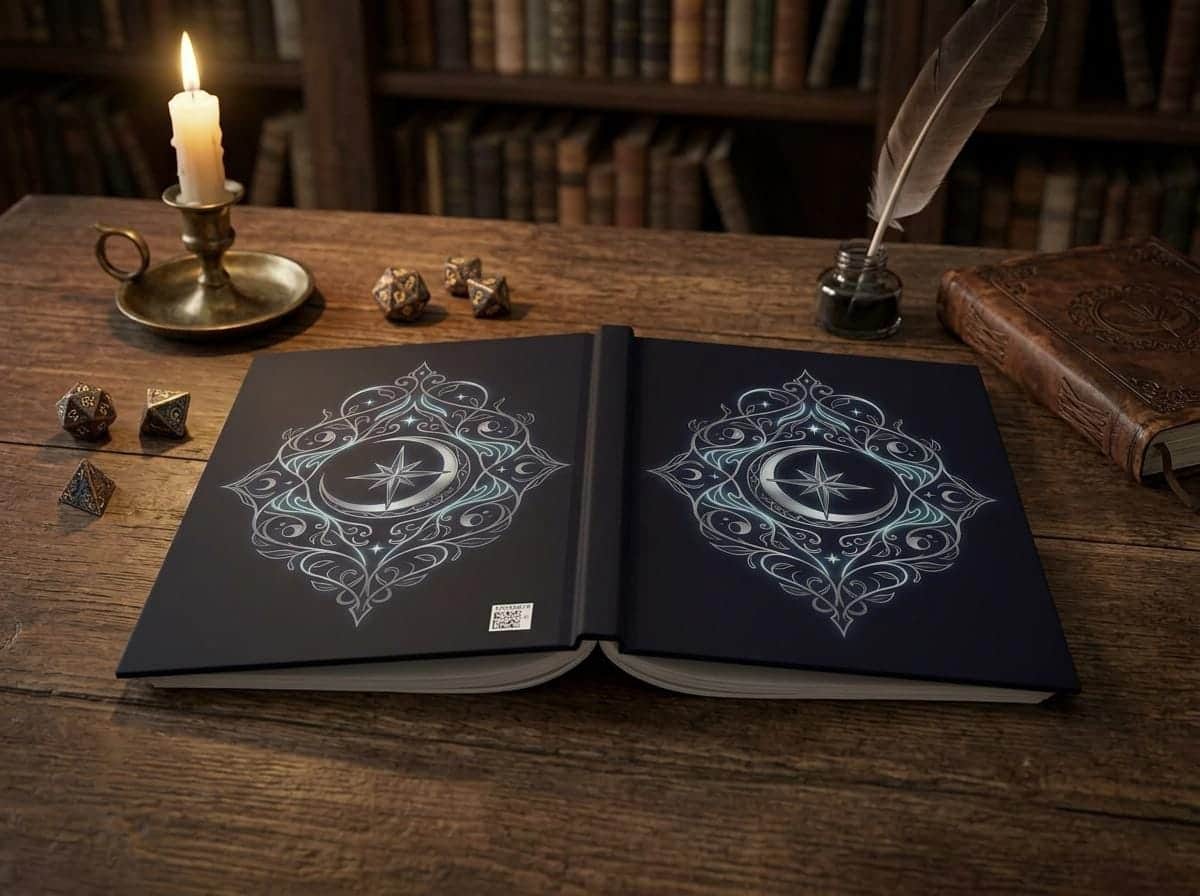 Photo 8 of 12: Hardcover campaign notebook designed as an in-world ancient elven tome cover, shown on a desk beside a quill and ink