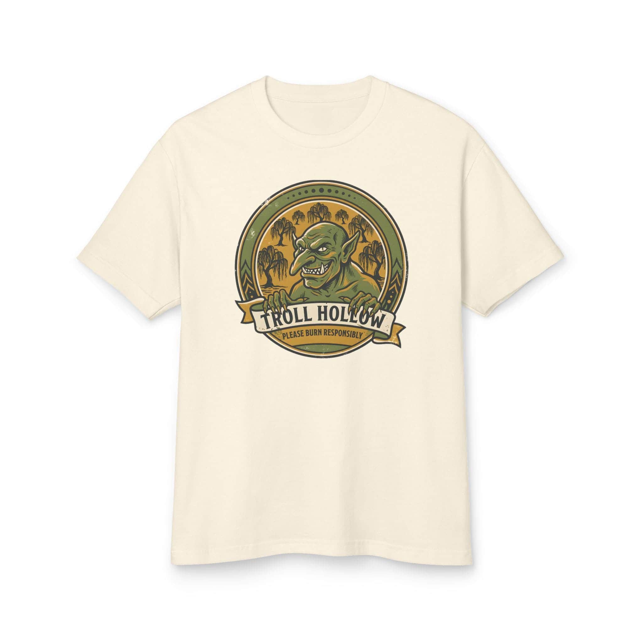 Photo 10 of 15: Vintage national park parody tee featuring a gangly swamp troll alongside a deadpan 'Please Burn Responsibly' fire warning for tabletop adventurers exploring monster-infested wetlands, front view