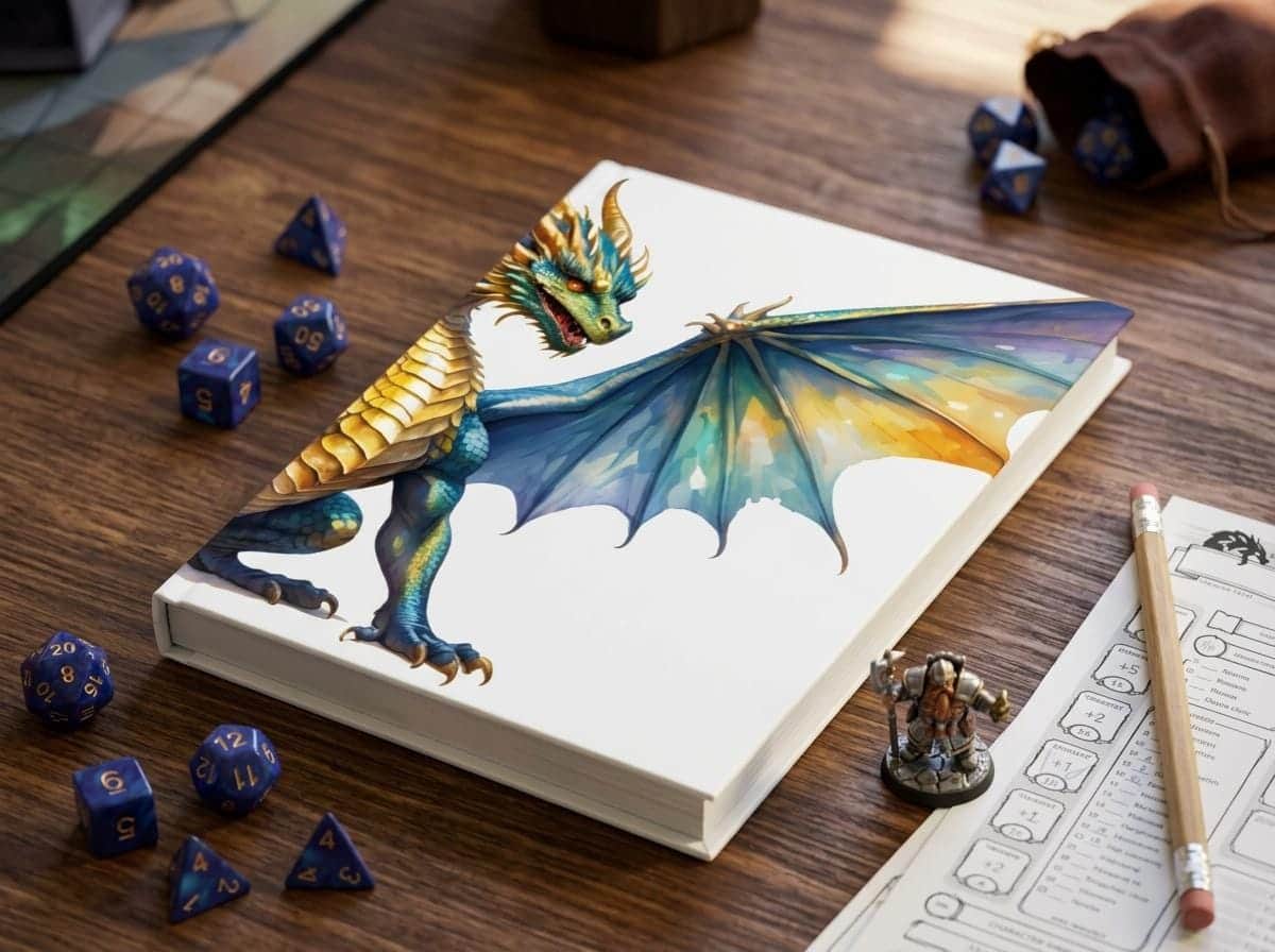 Photo 2 of 6: A beautifully designed journal featuring a majestic dragon surrounded by treasure, shown on the game table among dice and character sheets