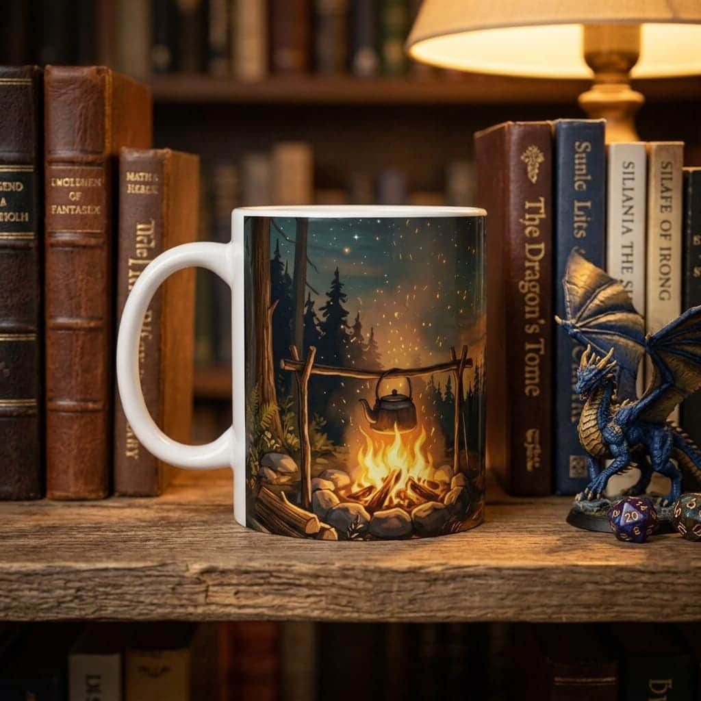 Photo 3 of 8: A cozy Long Rest themed fantasy ceramic coffee mug designed for tabletop adventurers and DMs to recharge between campaign encounters, shown on a shelf