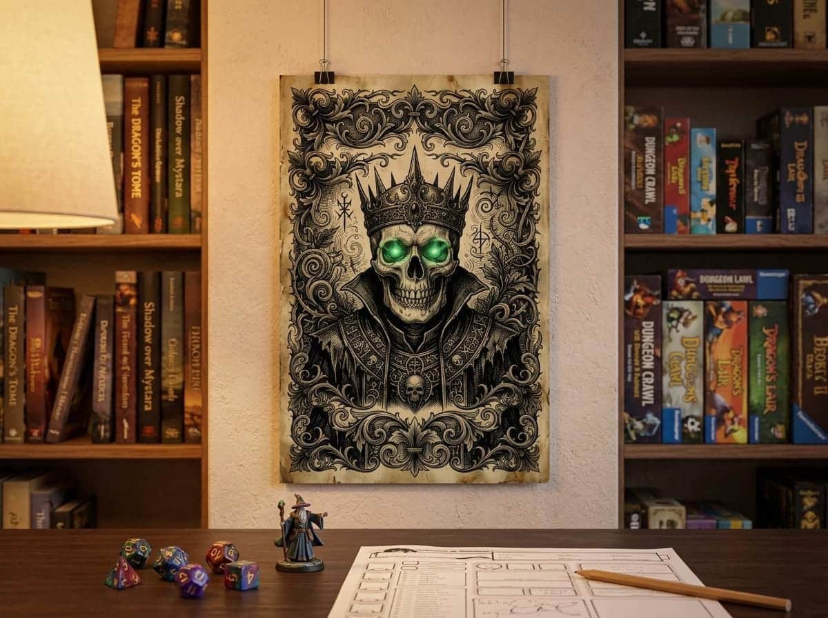 Photo 3 of 6: An in-world weathered bounty placard depicting an ancient skeletal sorcerer, shown on a game room wall